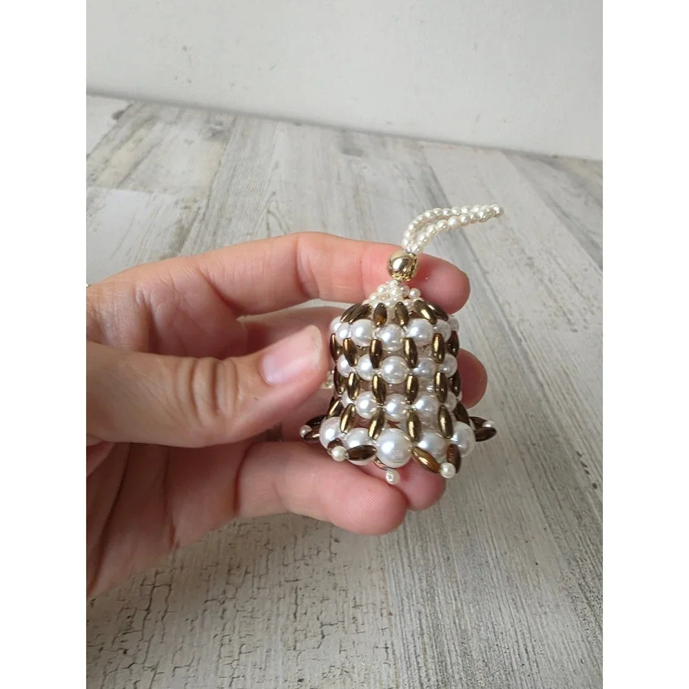 Vintage beaded Bell Pearl ornament set Xmas tree silver gold ornament